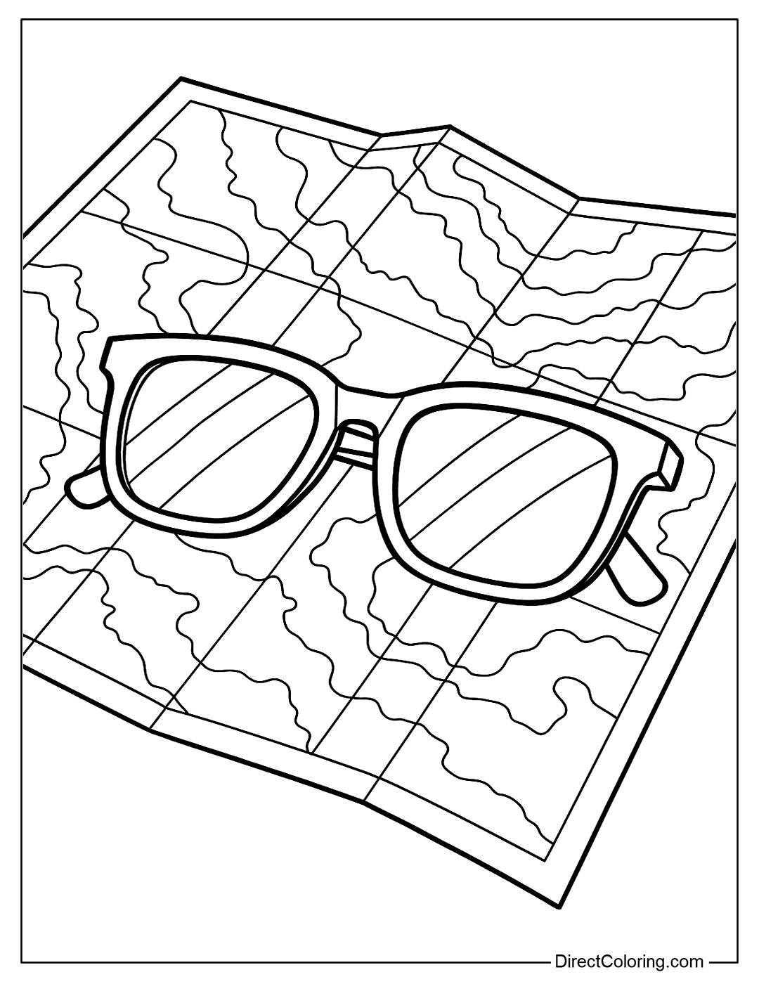 coloring page Sunglasses are on a travel map, suggesting a summer trip